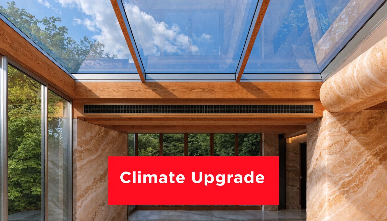 Insect Screens A modern conservatory with a glass roof and marble walls featuring a climate upgrade banner overlay.