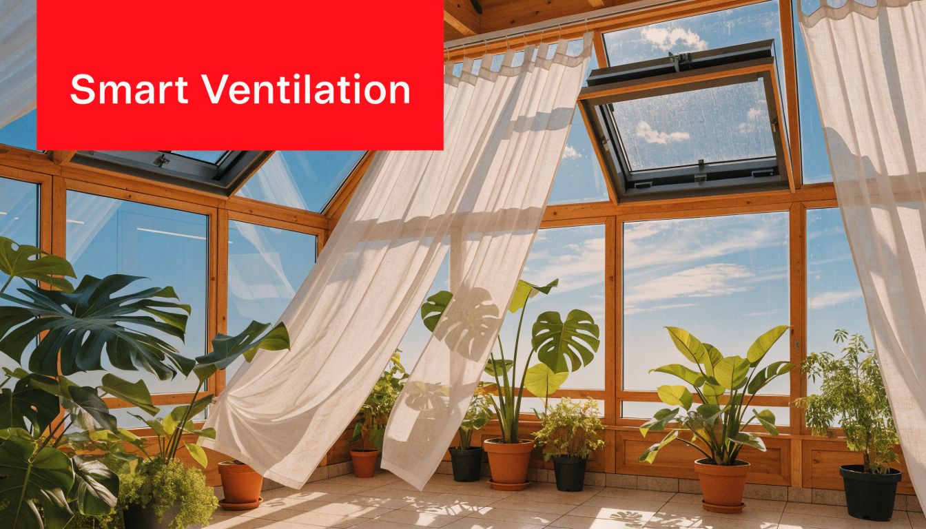 Insect Screens A sunlit conservatory filled with indoor plants, featuring open skylight windows for effective natural ventilation.