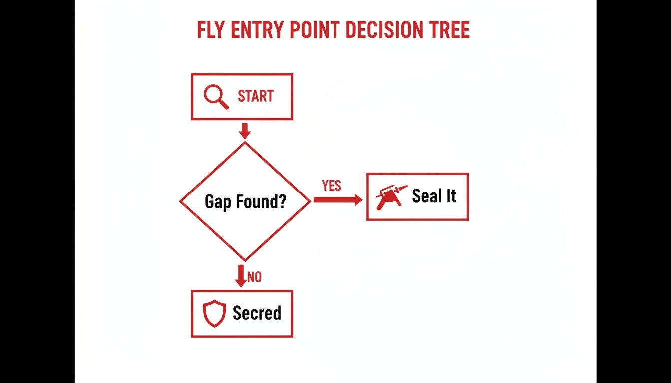 Decision tree flowchart illustrating steps to find and seal fly entry points for prevention.