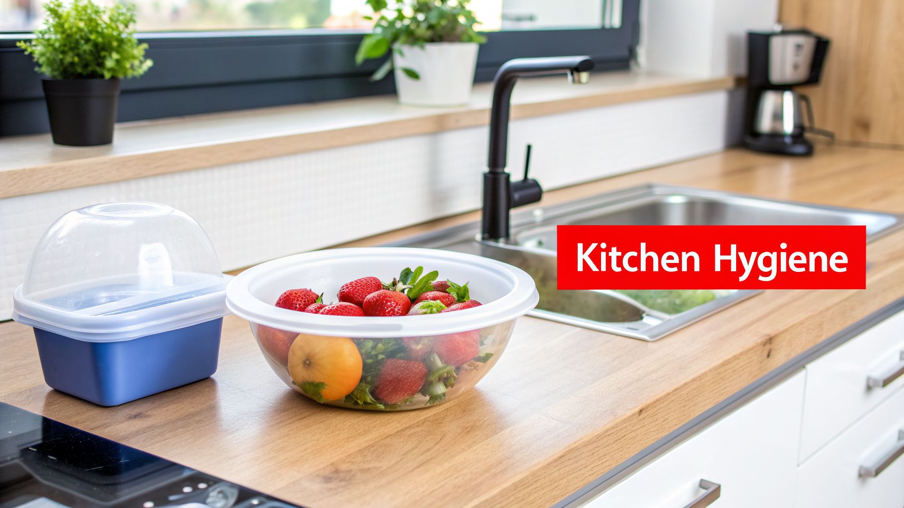 Fresh strawberries and an apple in a bowl on a clean kitchen counter with a sink and coffee maker, promoting kitchen hygiene.