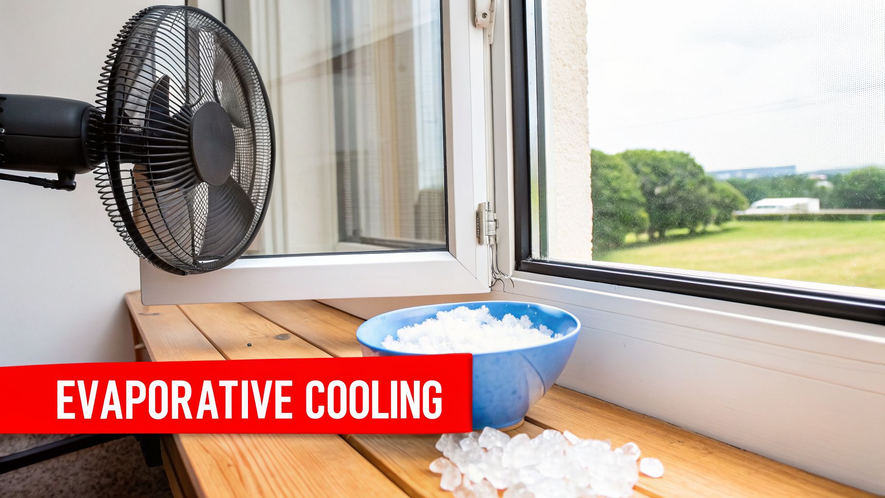 A fan blows air over a bowl of ice next to an open window, illustrating evaporative cooling.