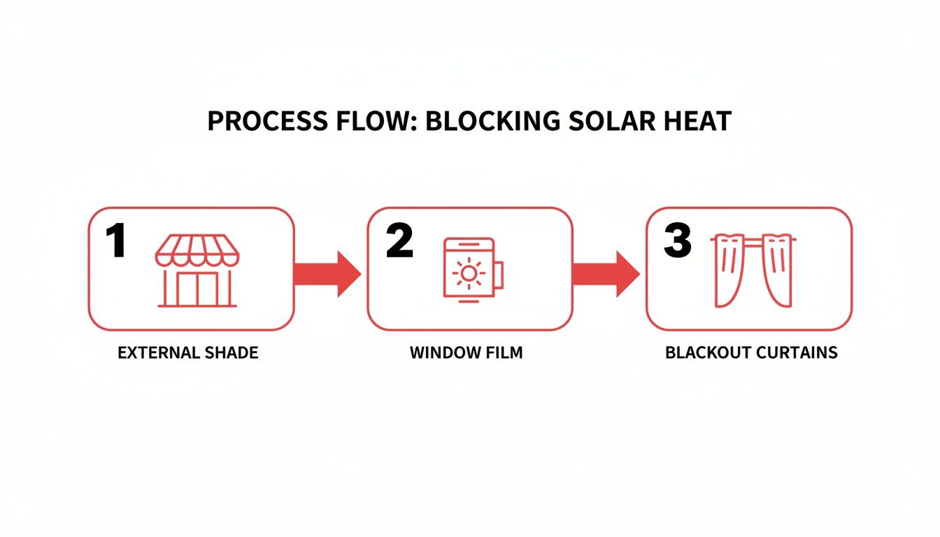 Process flow diagram showing three ways to block solar heat: external shade, window film, and blackout curtains.