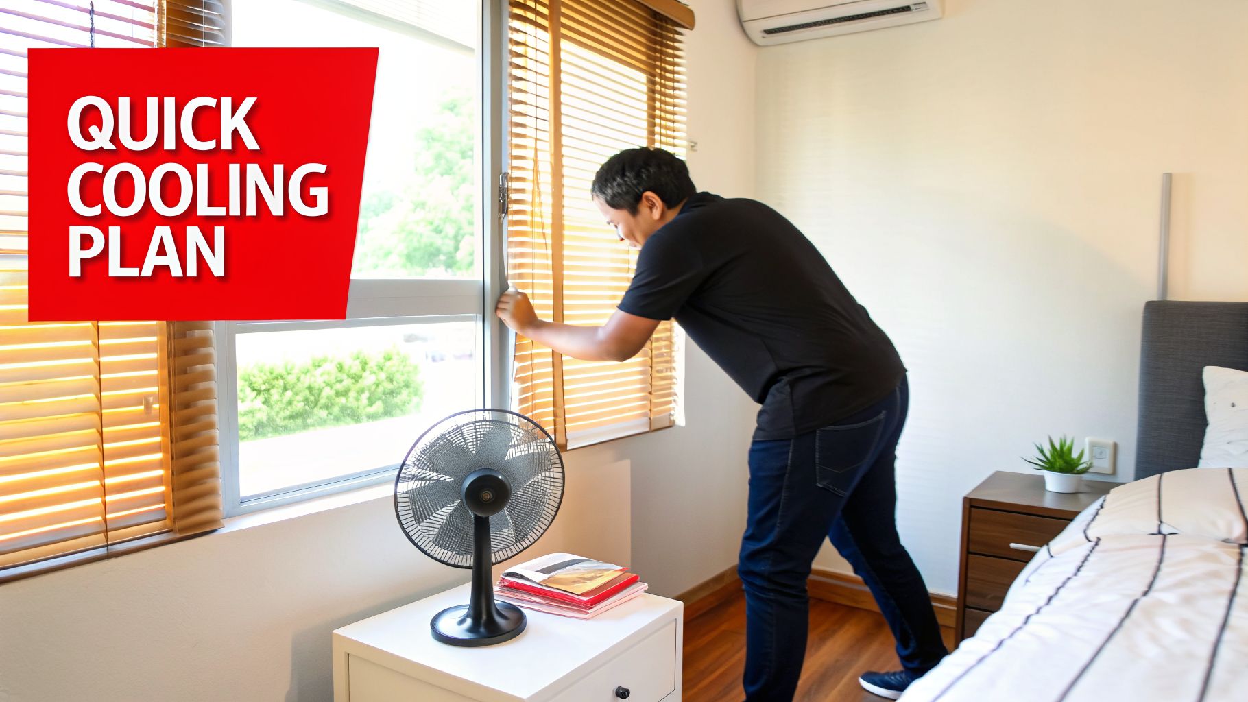 A man adjusts window blinds next to a fan with a 'Quick Cooling Plan' text overlay, showing a method to cool a room without air conditioning.