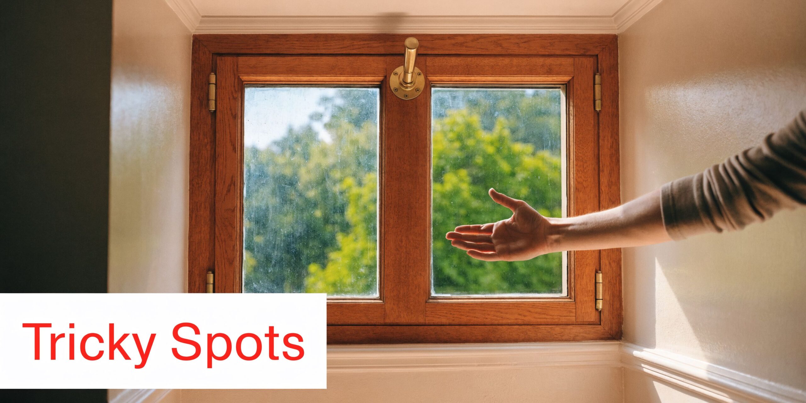 Insect Screens A person reaching their hand out toward a wooden window frame to measure for new blinds.