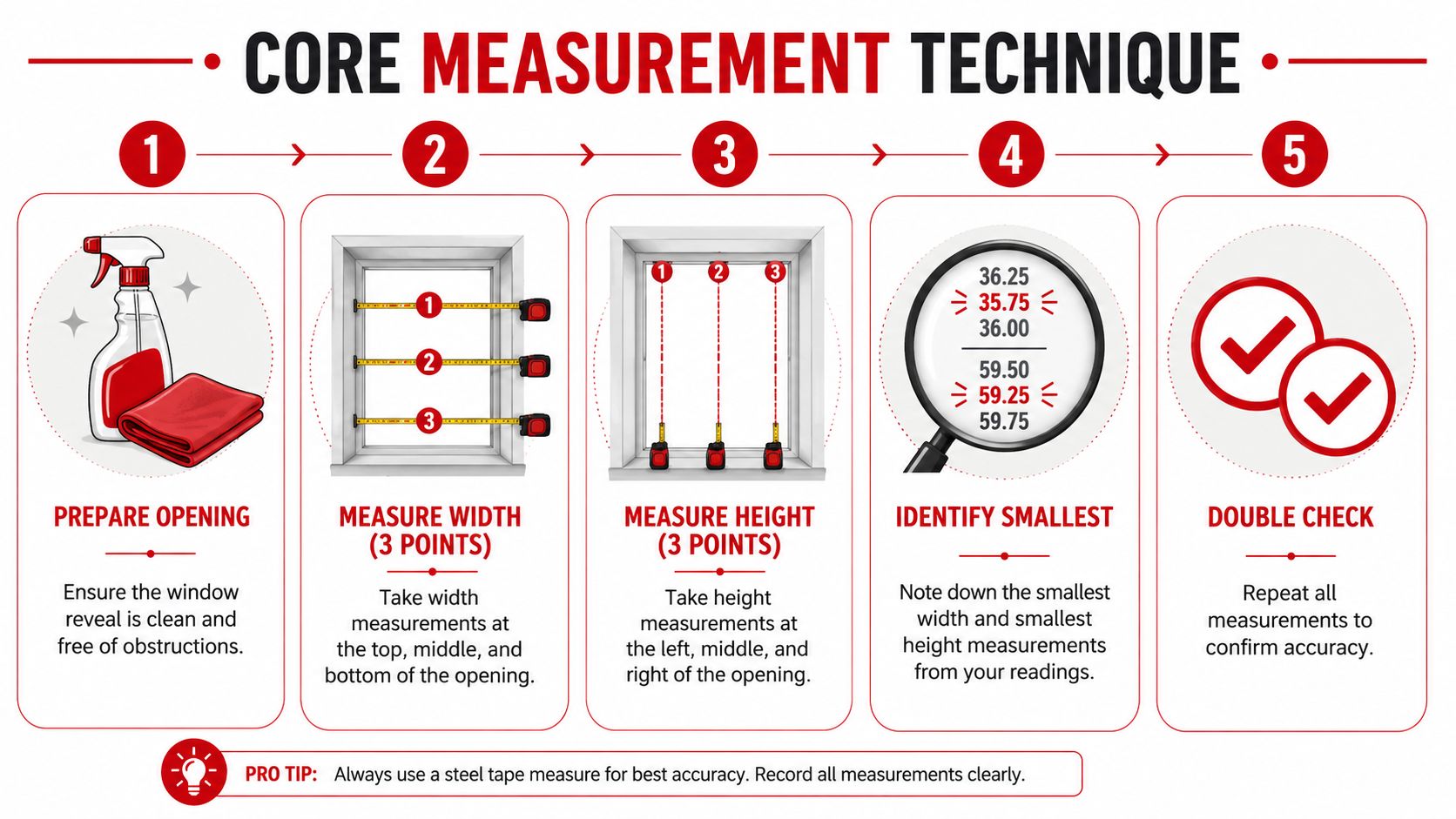 Insect Screens A five-step instructional guide on how to accurately measure window openings using a steel tape measure.