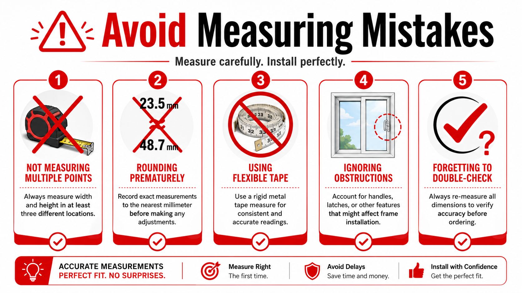 Insect Screens A five-step instructional guide illustrating how to avoid common mistakes when measuring windows for installation.
