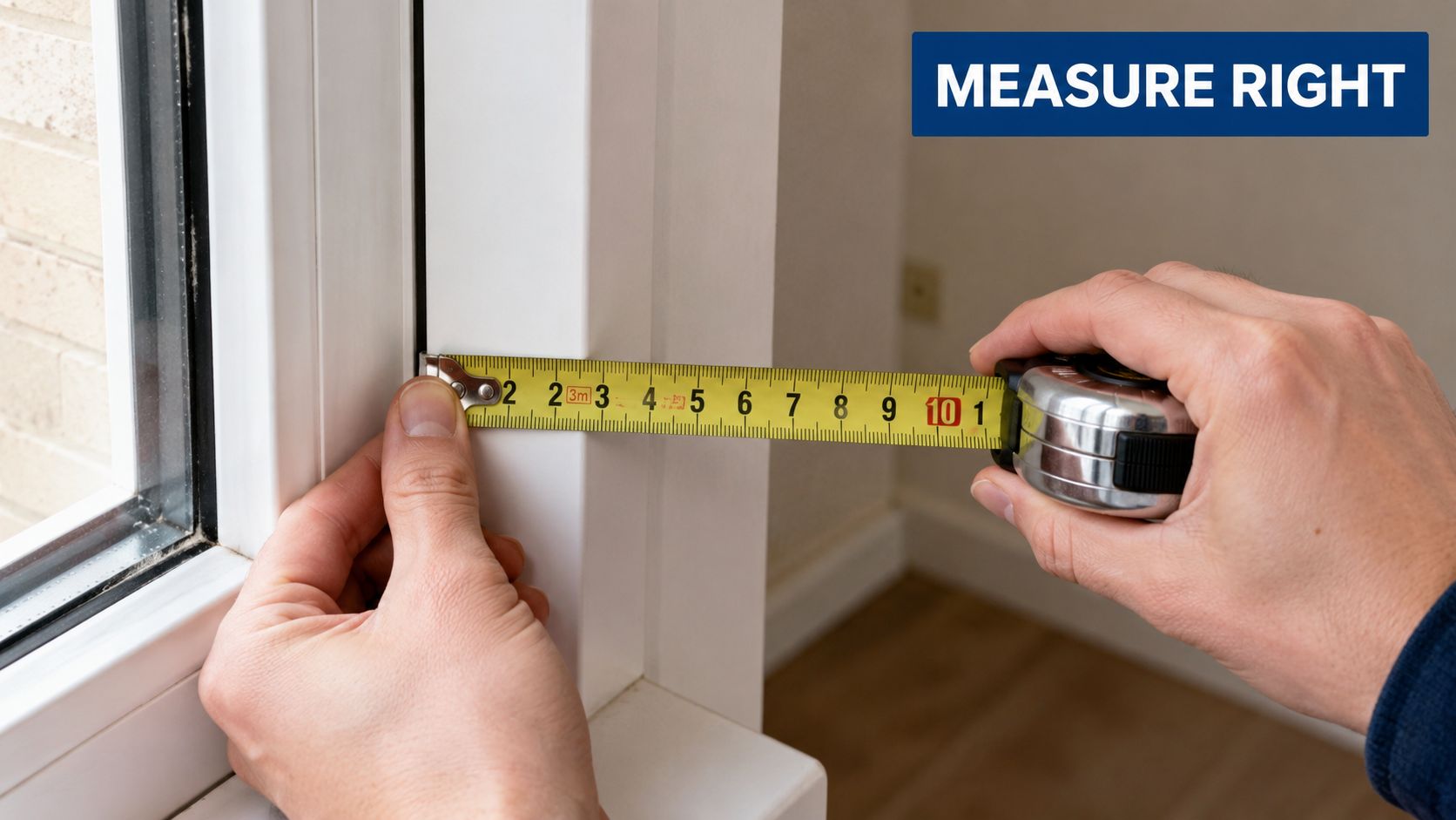 Insect Screens A close-up view of a person using a yellow tape measure to determine the width of a window frame.