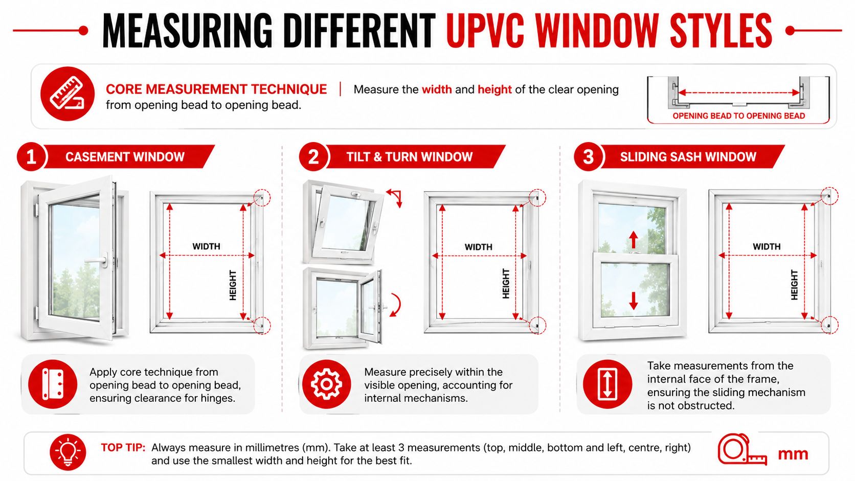 Insect Screens A helpful infographic guide demonstrating how to correctly measure different styles of uPVC windows for installation.