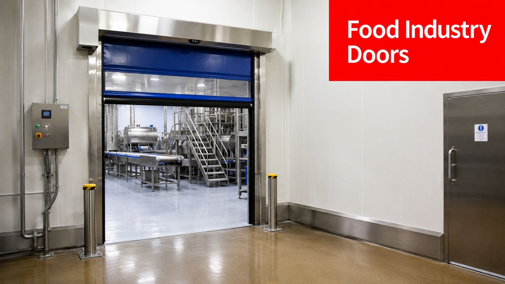 Insect Screens A stainless steel industrial high speed door opening to a clean food manufacturing production facility floor.
