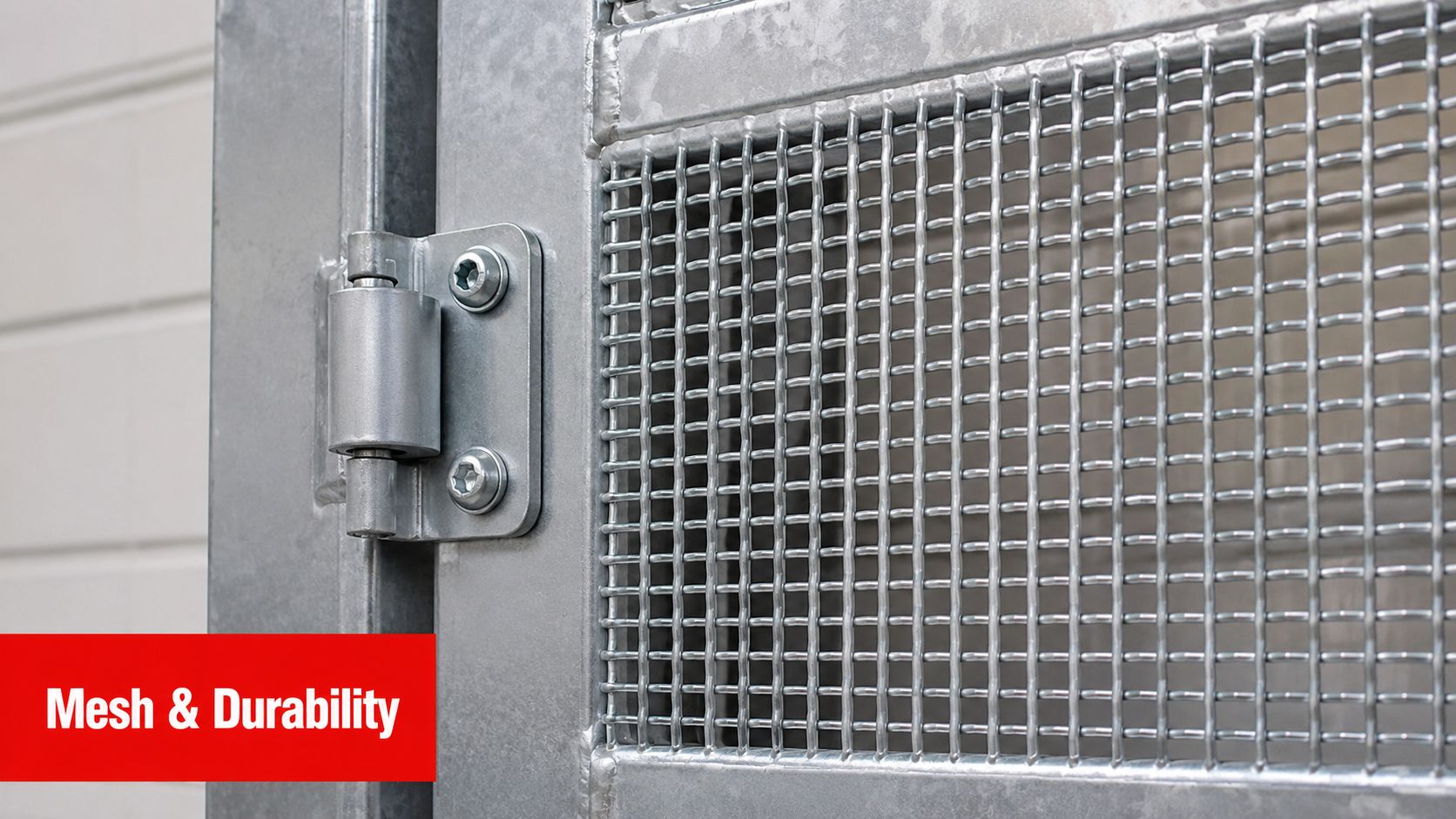 Insect Screens A close-up view of a sturdy industrial galvanized metal mesh door with a heavy-duty steel hinge.
