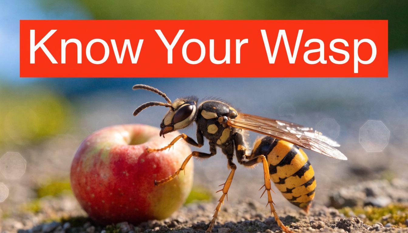 Insect Screens A close-up photograph of a wasp standing next to a small, red apple on a rough surface.