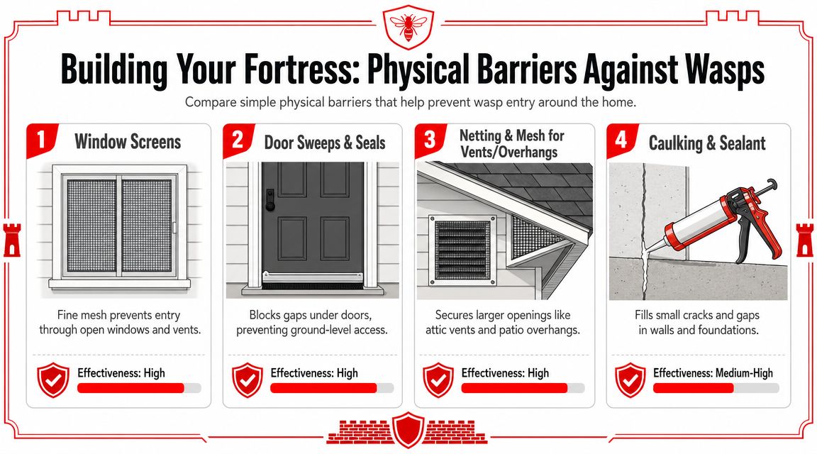 Insect Screens An infographic detailing four effective physical barrier methods for preventing wasp entry into a home.