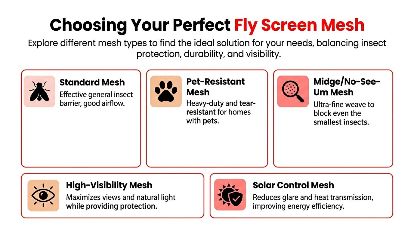 Insect Screens A guide showing five different types of fly screen mesh, each designed for specific needs and home requirements.