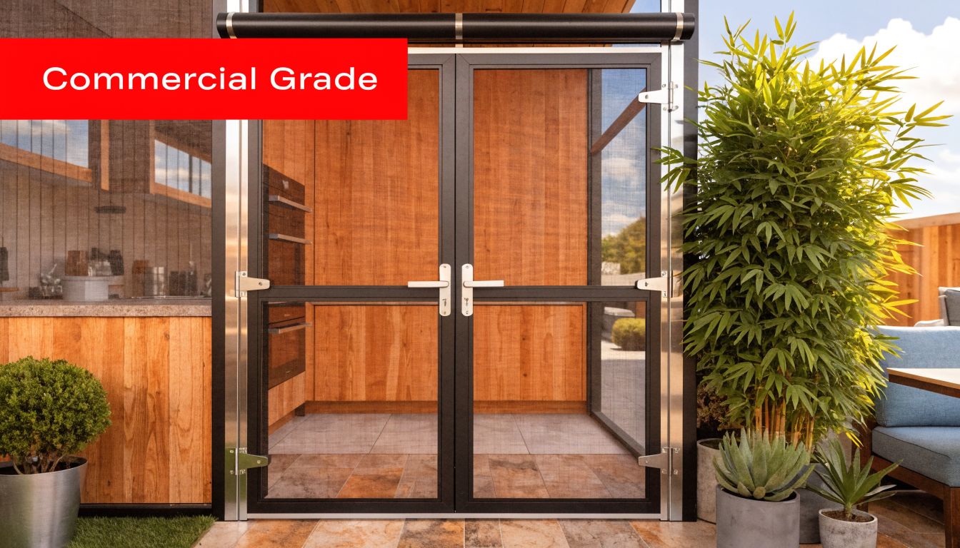 Insect Screens A pair of commercial grade, made to measure fly screen doors installed on a patio area.