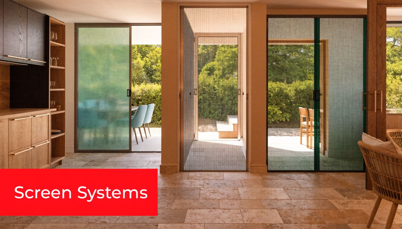 Insect Screens A modern interior with three glass doors opening to a lush garden, showcasing premium screen door systems.