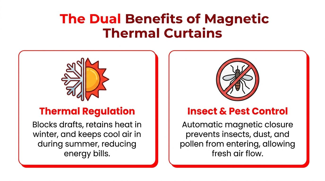 Insect Screens An infographic highlighting the benefits of magnetic thermal curtains for home energy efficiency and pest prevention.