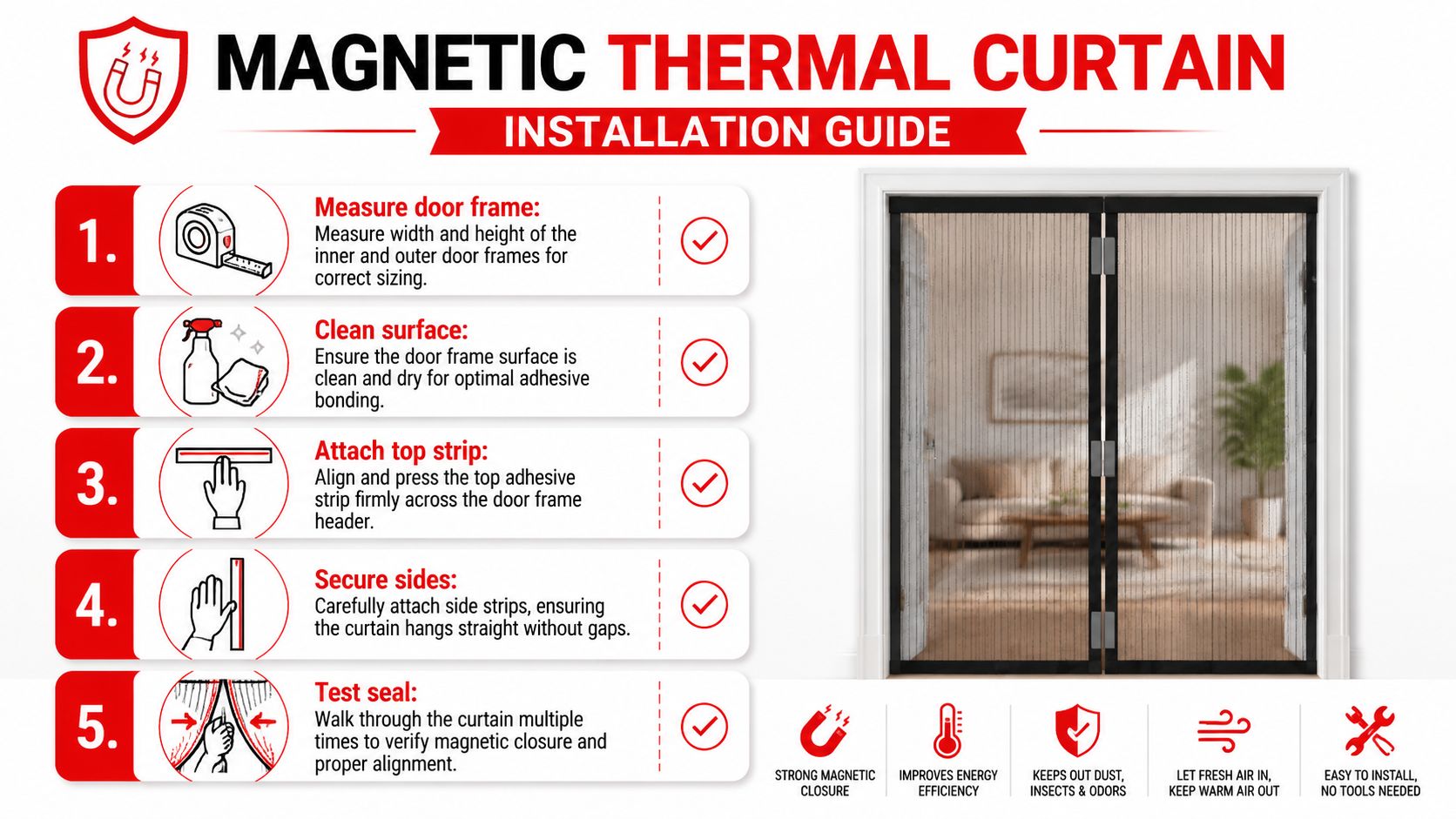 Insect Screens An instructional infographic demonstrating the five-step installation process for a magnetic thermal curtain on a door frame.
