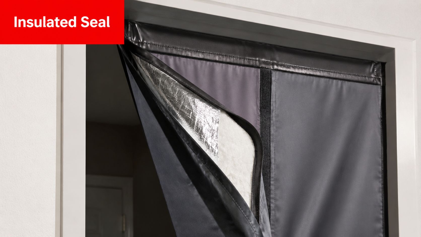Insect Screens A close up view showing the interior insulation layers of a dark grey thermal magnetic door curtain.
