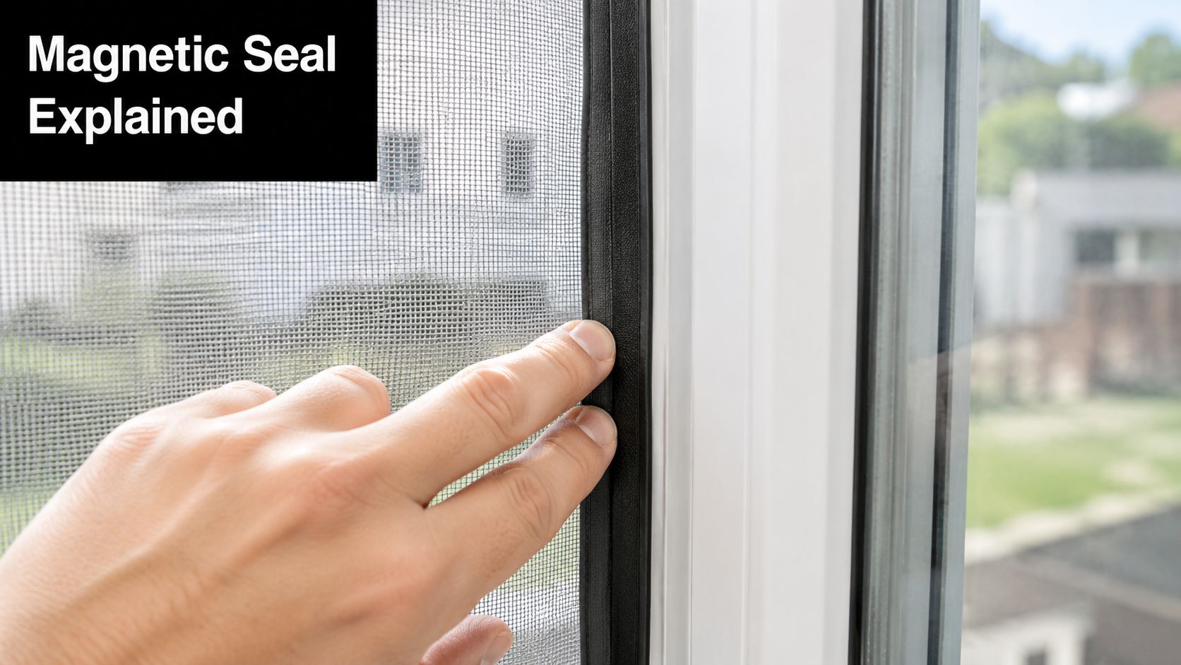 Insect Screens A close-up view of a person pressing their finger against the magnetic seal of a window screen.