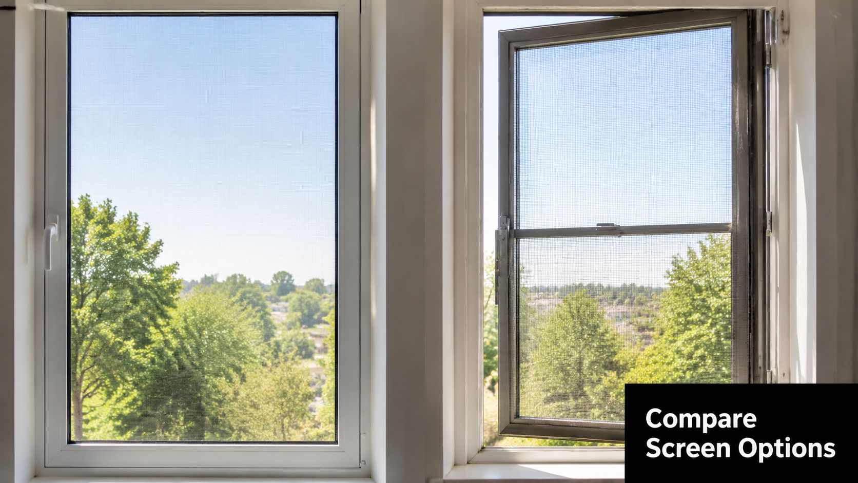 Insect Screens A split view showing two window configurations with mesh fly screens installed for pest protection.
