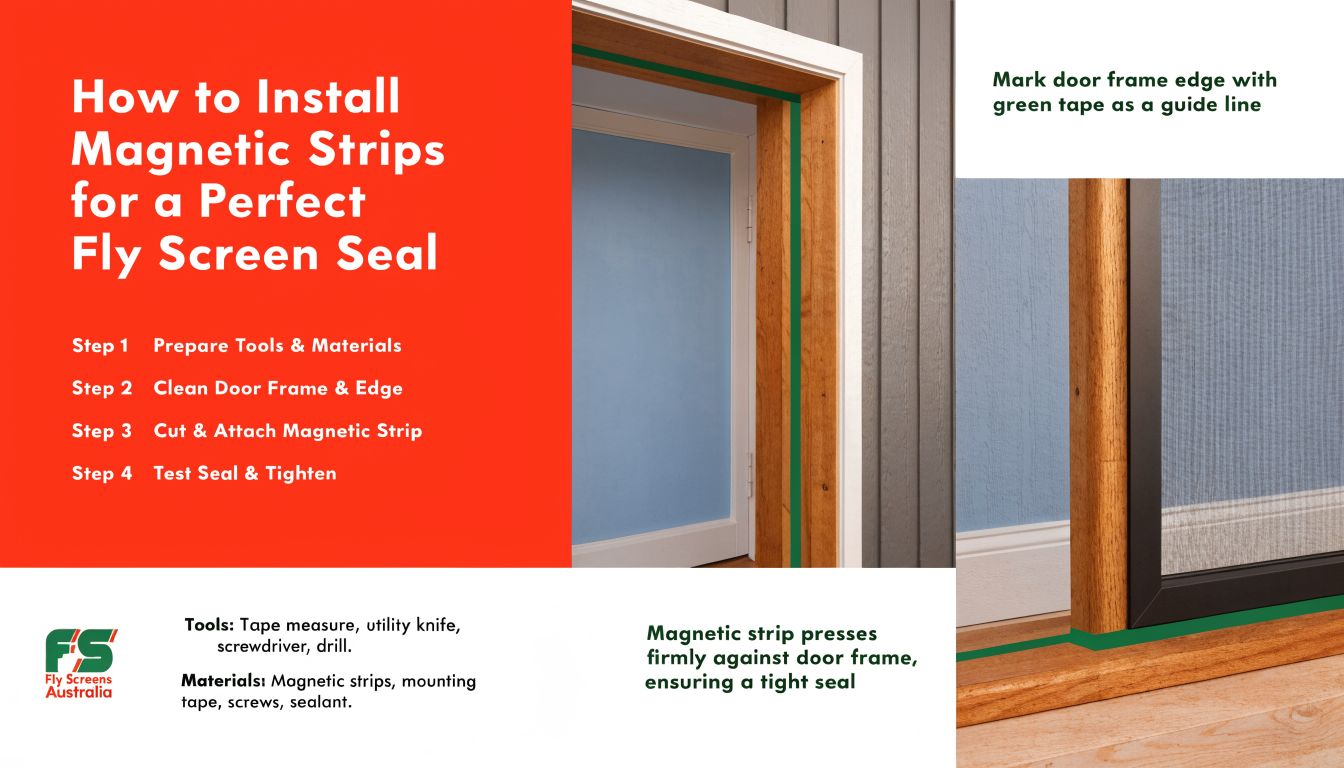 Insect Screens A visual instruction guide on how to install magnetic strips on a door frame for fly screens.