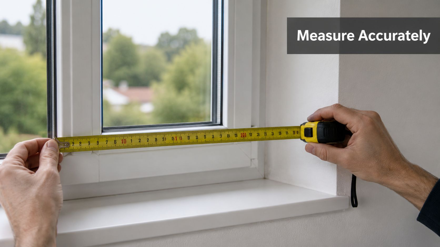 Insect Screens A person using a yellow tape measure to determine the width of a window frame for installation.