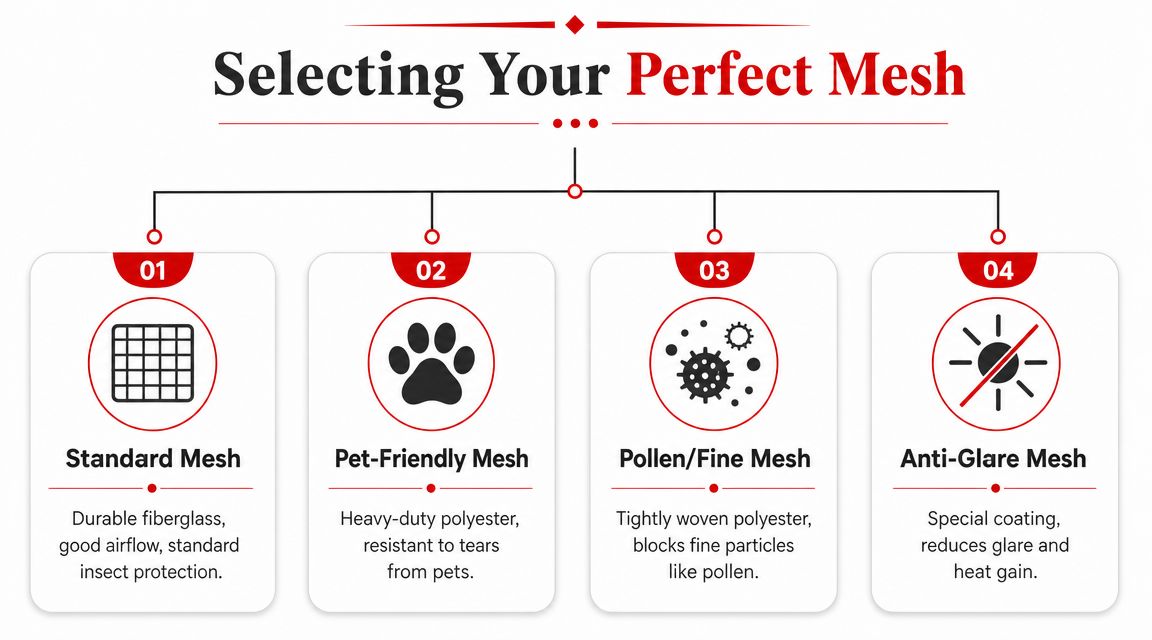 Insect Screens An infographic titled Selecting Your Perfect Mesh, showing four different types of insect screens for windows.