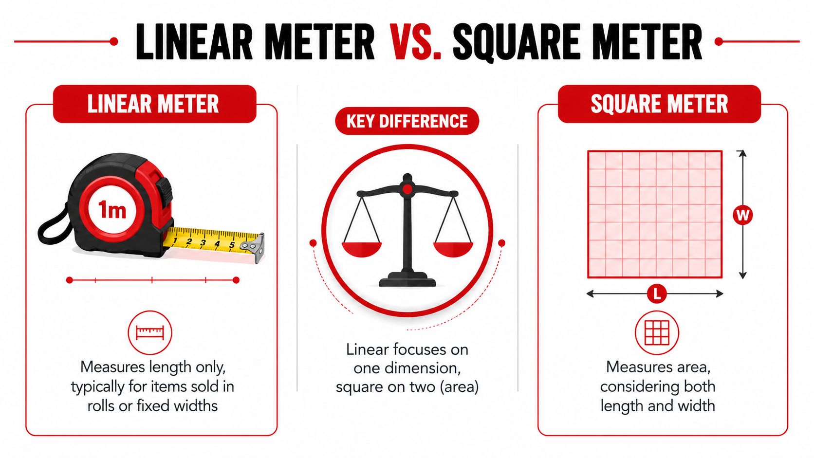 Insect Screens A comparison infographic explaining the difference between linear meter and square meter measurement units with visual icons.