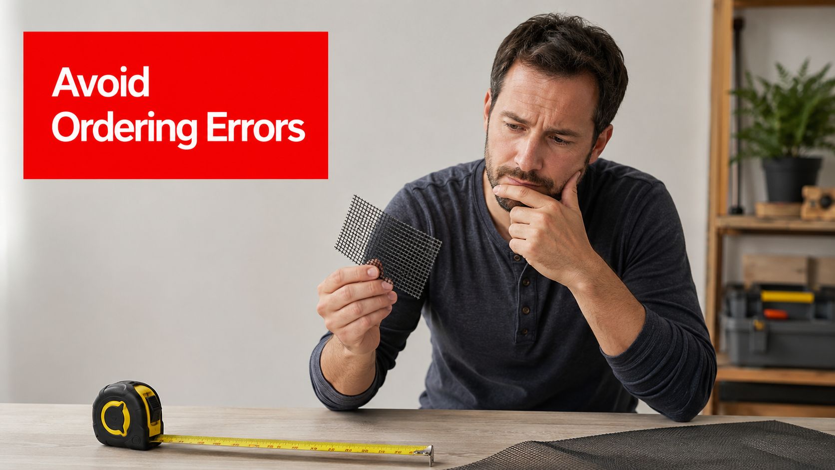 Insect Screens A man carefully measuring a sample of mesh screen to ensure accurate ordering for his home project.