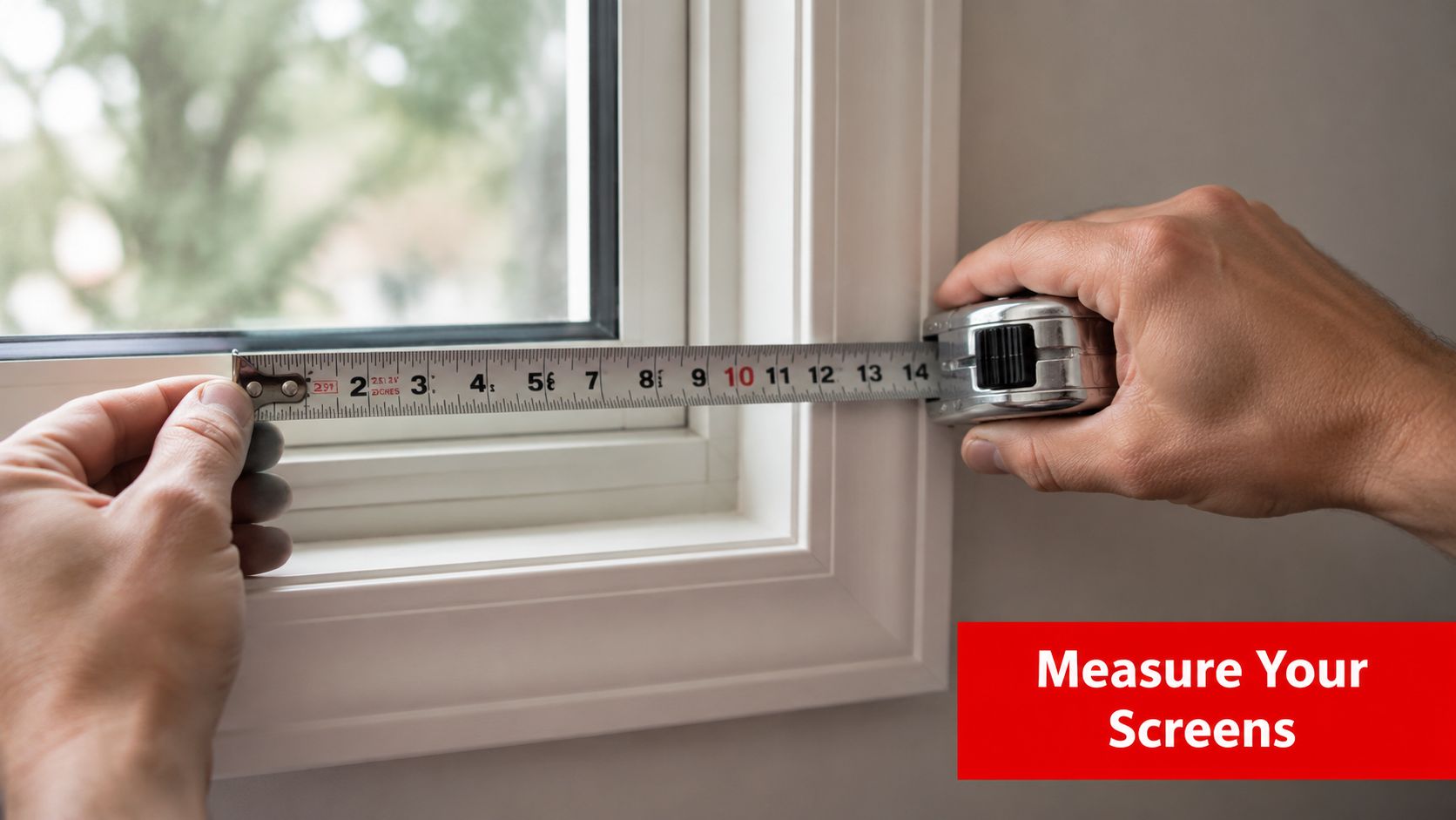 Insect Screens A person using a metal tape measure to get the dimensions of a white window frame.