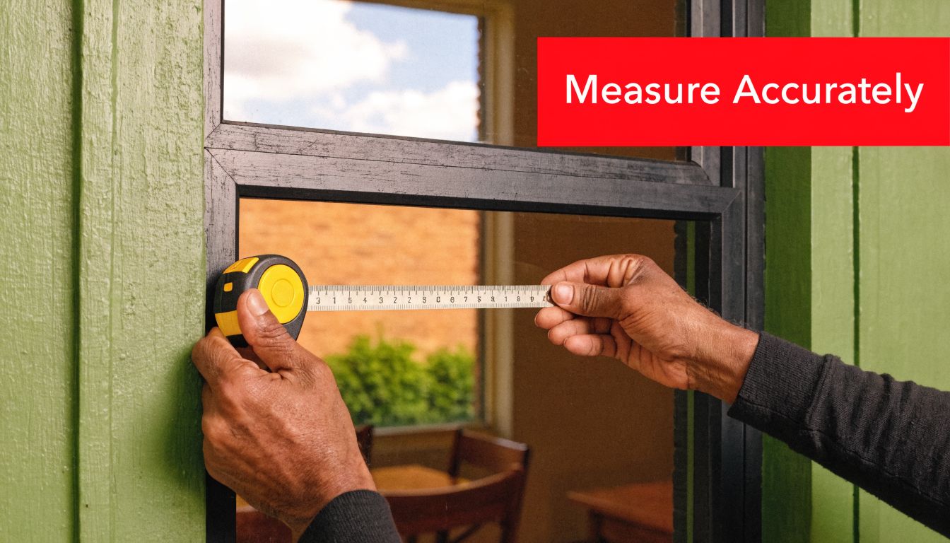 Insect Screens A close-up view of hands using a measuring tape to accurately measure the width of a window frame.