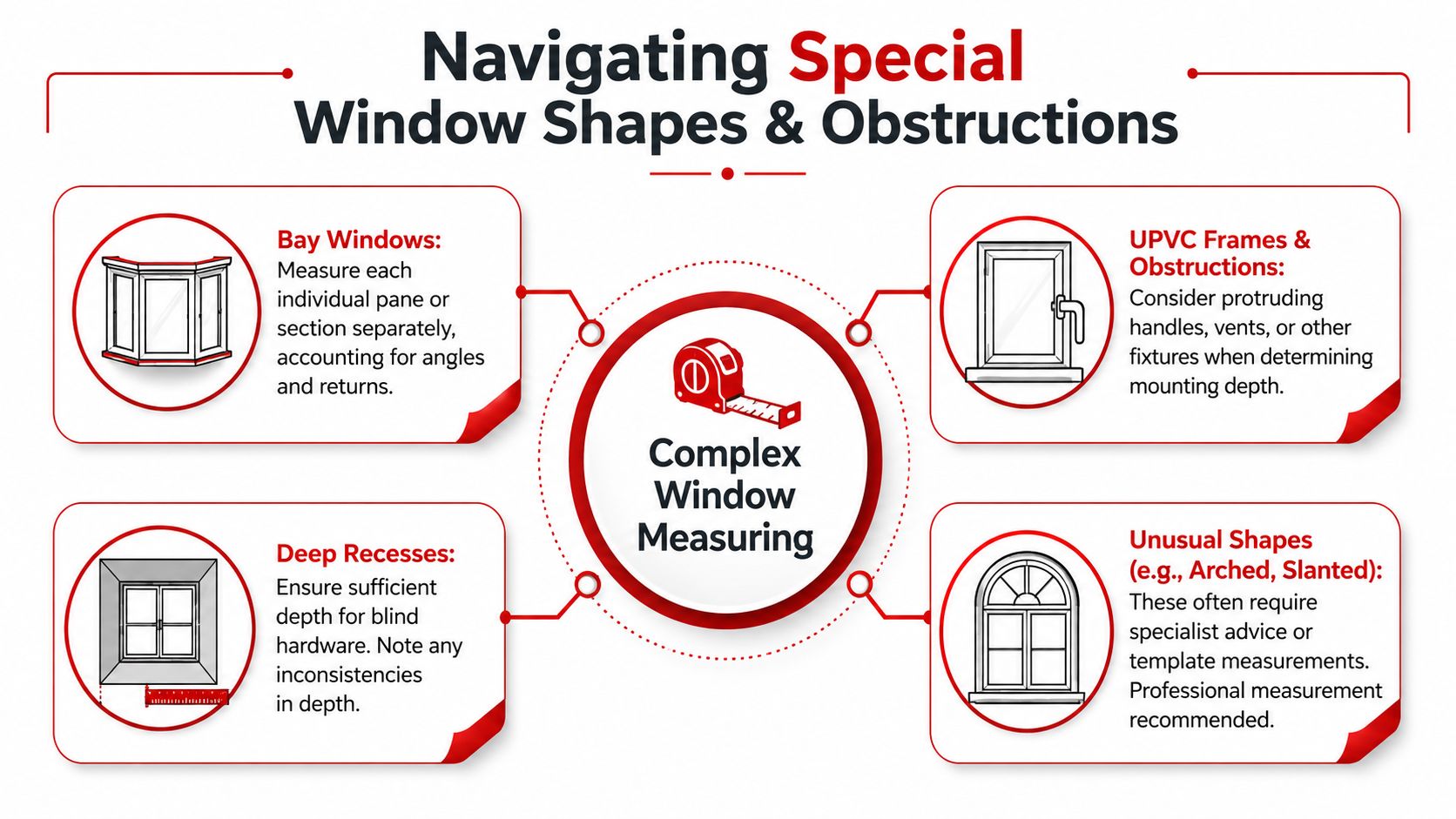 An infographic detailing how to measure complex window shapes and obstructions for installing blinds.