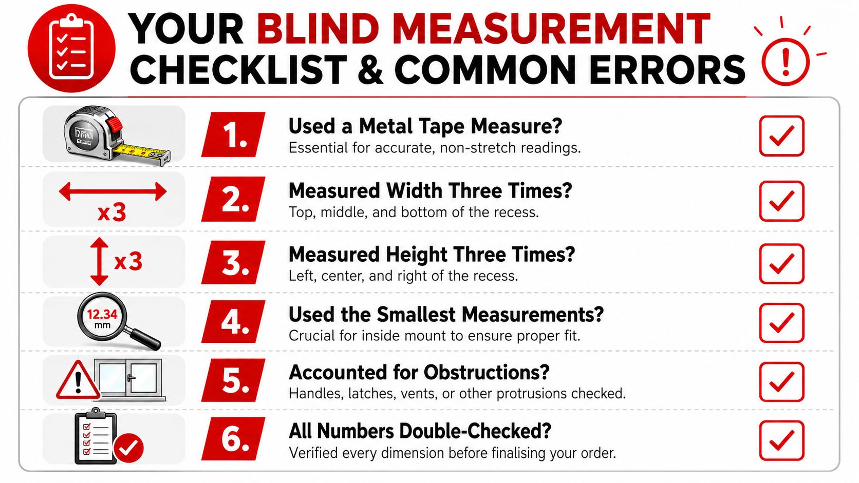 A checklist illustrating the six essential steps for accurately measuring window recesses before ordering custom blinds.
