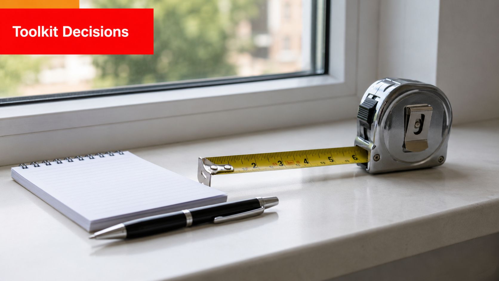 A notepad, a black pen, and a metallic tape measure resting on a bright white windowsill.
