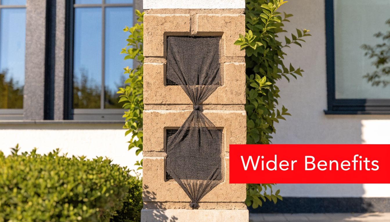 Insect Screens Two black mesh covers installed over square brick vents on a stone pillar outside a house.