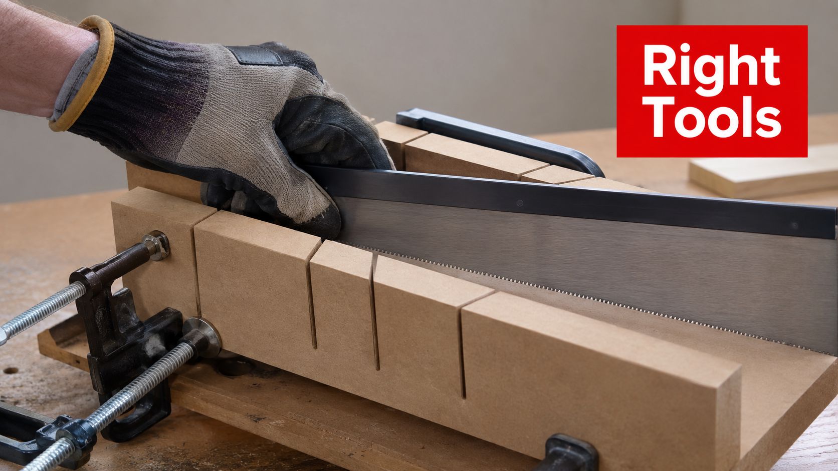 Insect Screens A gloved hand uses a back saw in a wooden miter box to cut wood.