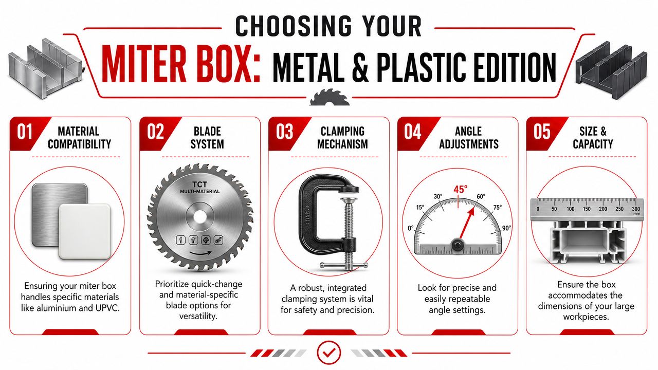 Insect Screens An infographic titled Choosing Your Miter Box detailing five key factors for selecting metal and plastic cutting tools.