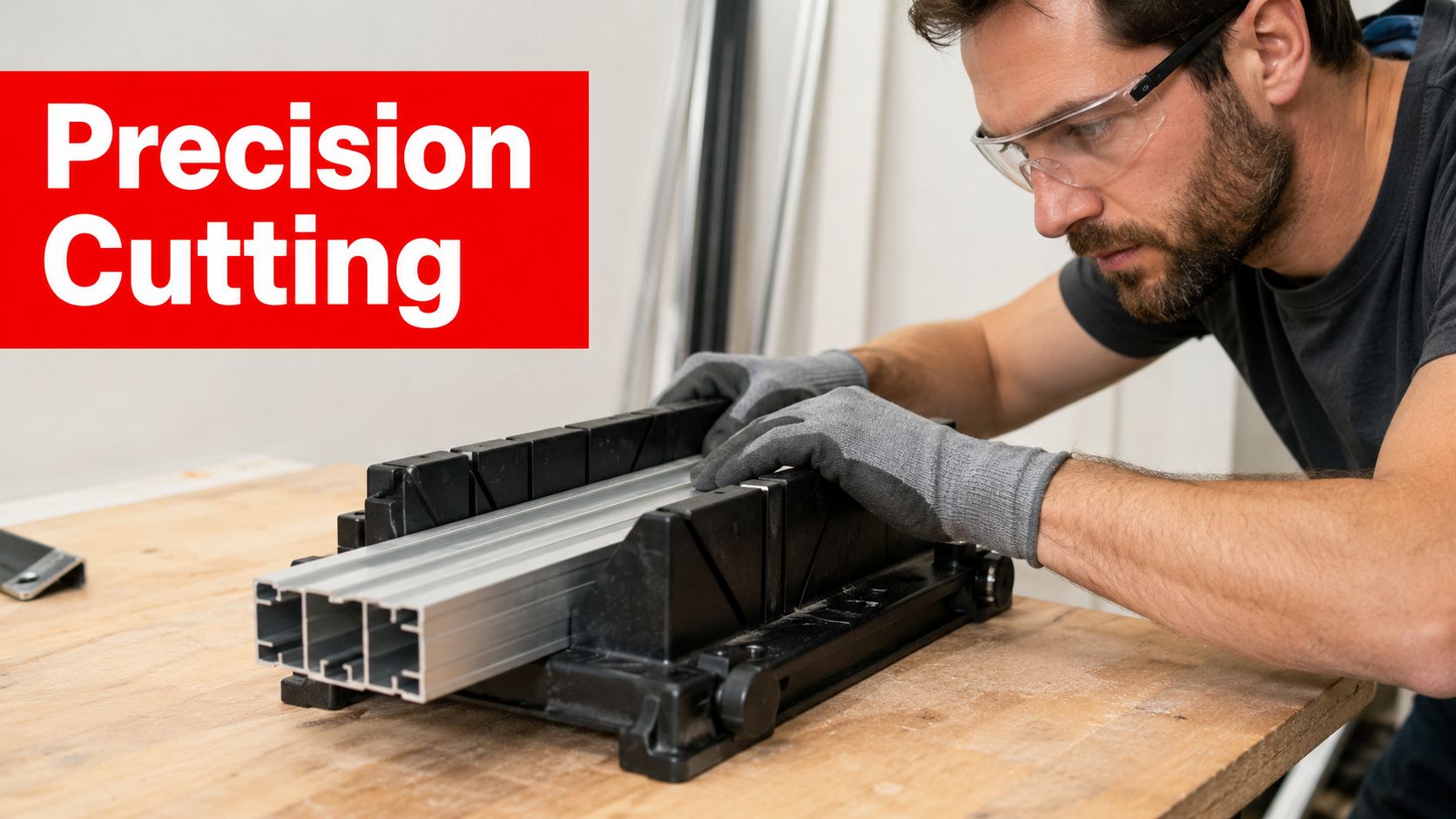 Insect Screens A man wearing safety glasses and gloves uses a large miter box to cut metal framing components.