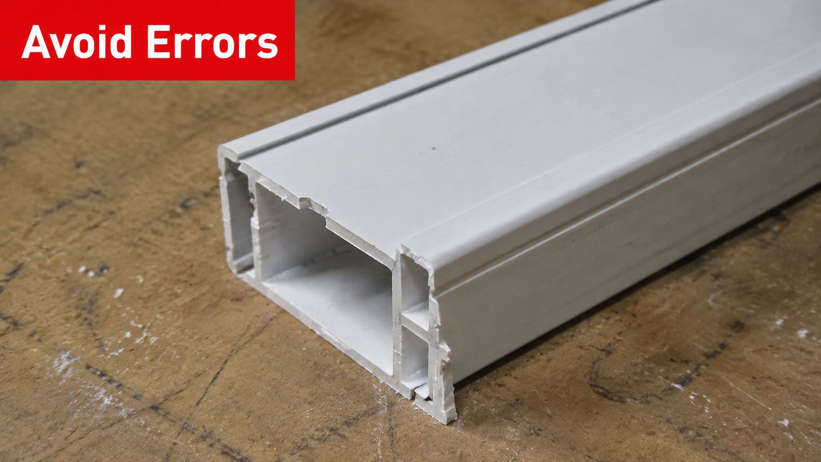 Insect Screens A cross-section view of a white plastic window frame profile sitting on a textured workbench.
