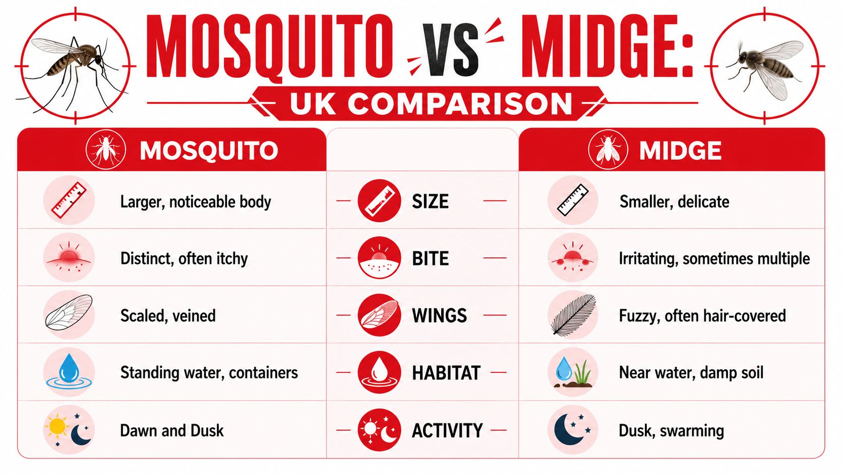 Insect Screens A comparison chart showing the differences between mosquitoes and midges in terms of size, bites, wings, and habitat.