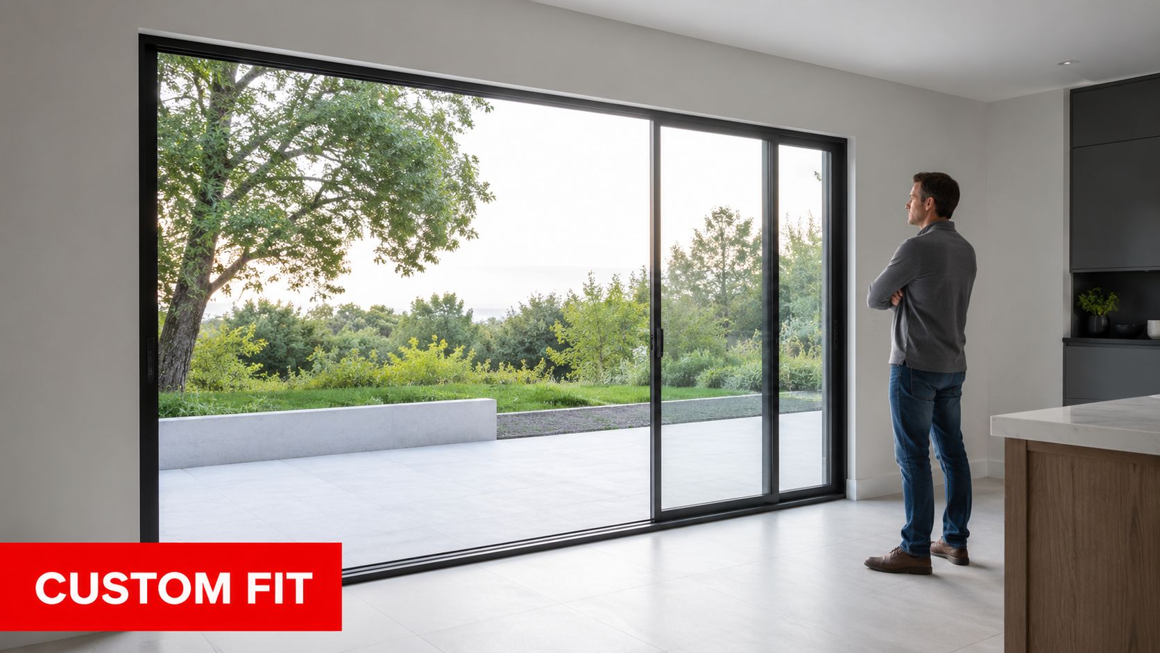 Insect Screens A man standing in a modern kitchen looking out through a large custom-fit glass sliding patio door.