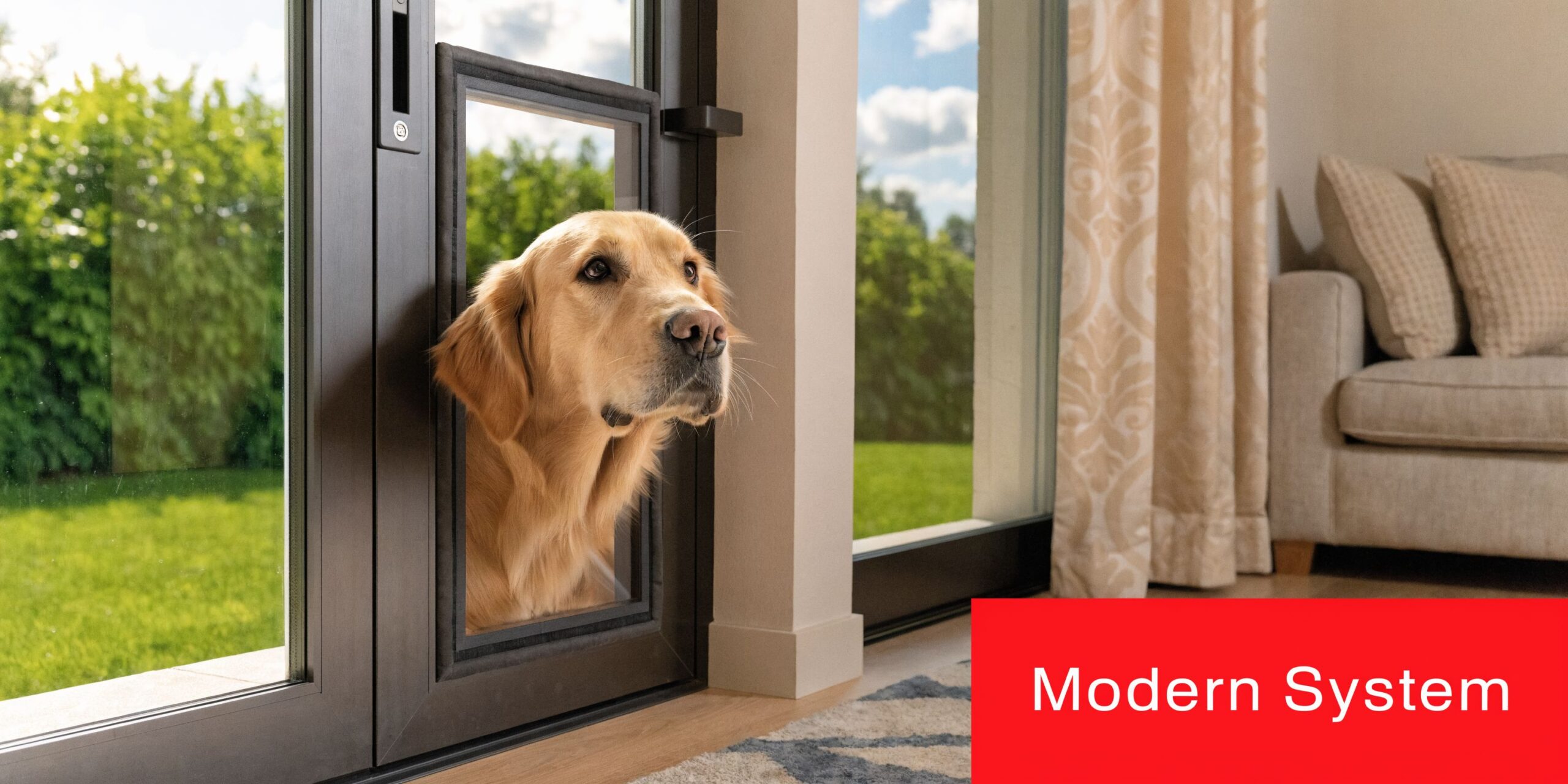 Insect Screens A golden retriever looking through a modern pet door integrated into a sliding glass door panel.