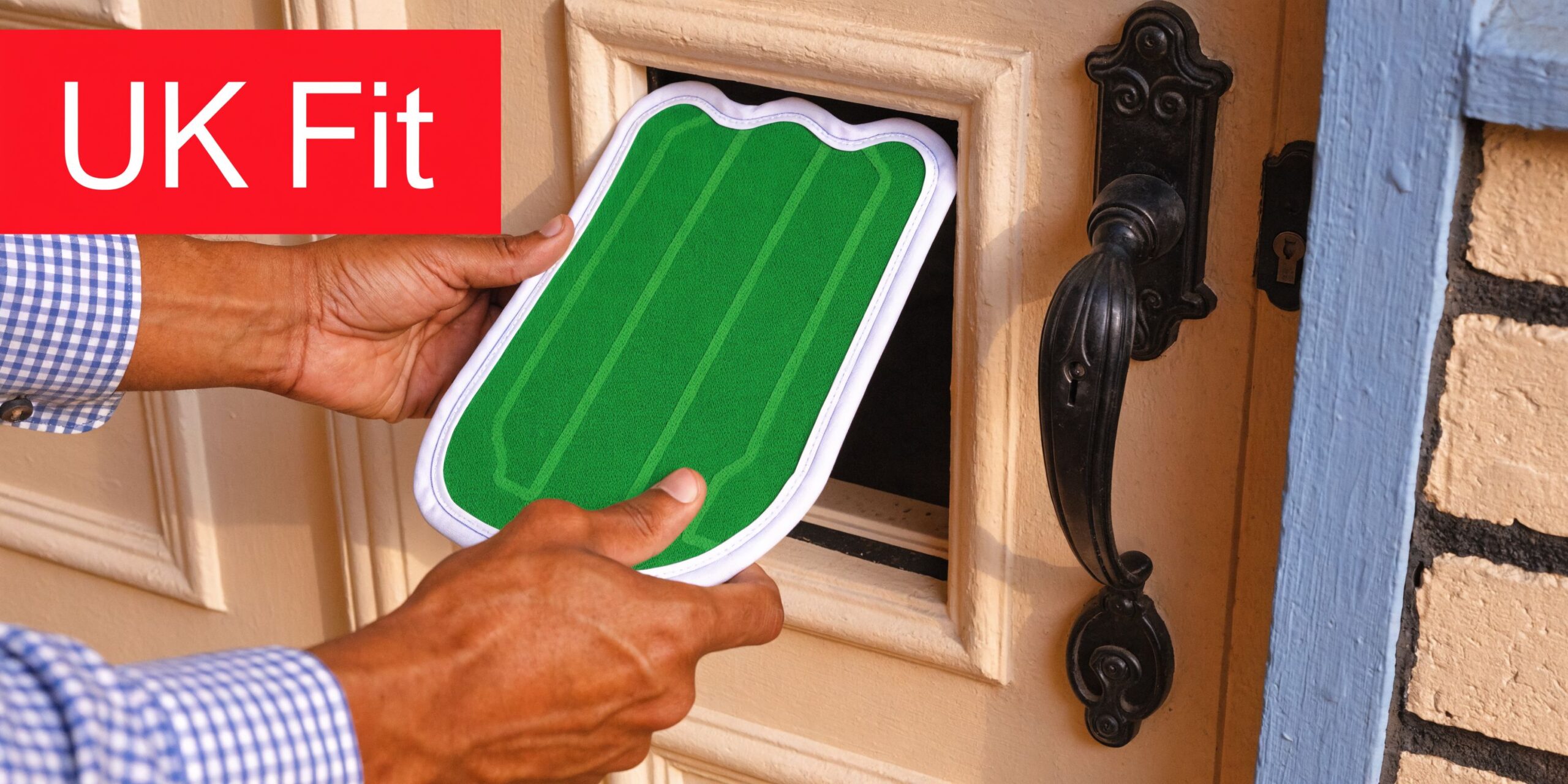 Insect Screens A person installing a green pet door screen into a door frame on a residential house.