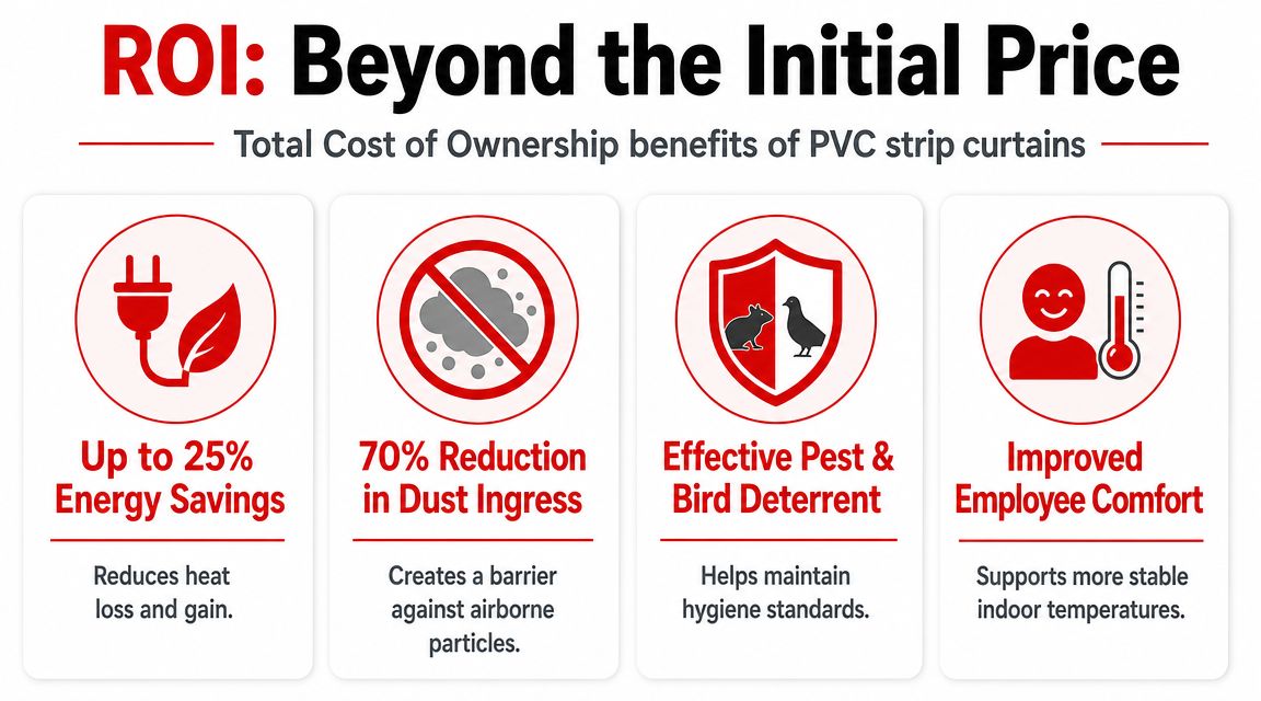 Insect Screens An infographic detailing the total cost of ownership benefits of PVC strip curtains for industrial environments.