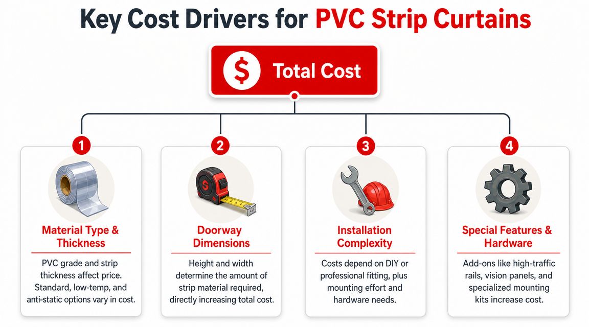 Insect Screens An infographic showing four key cost drivers for PVC strip curtains including material, dimensions, installation, and hardware.