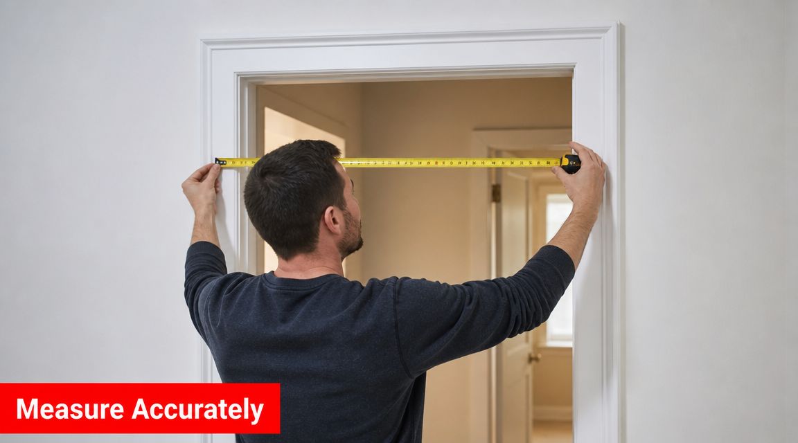 Insect Screens A man using a yellow measuring tape to measure the width of a white interior door frame.