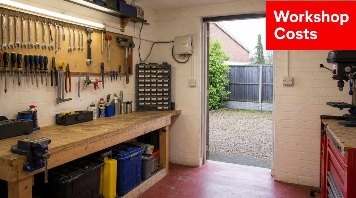 Insect Screens A organized home workshop with a wooden workbench, various tools hanging on the wall, and an open doorway.