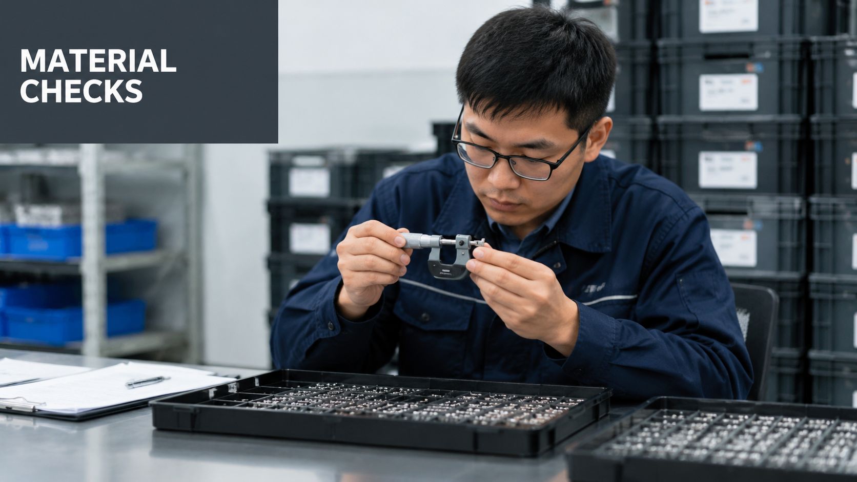 Insect Screens A professional technician carefully measuring small metal components using a micrometer at a factory quality control station.