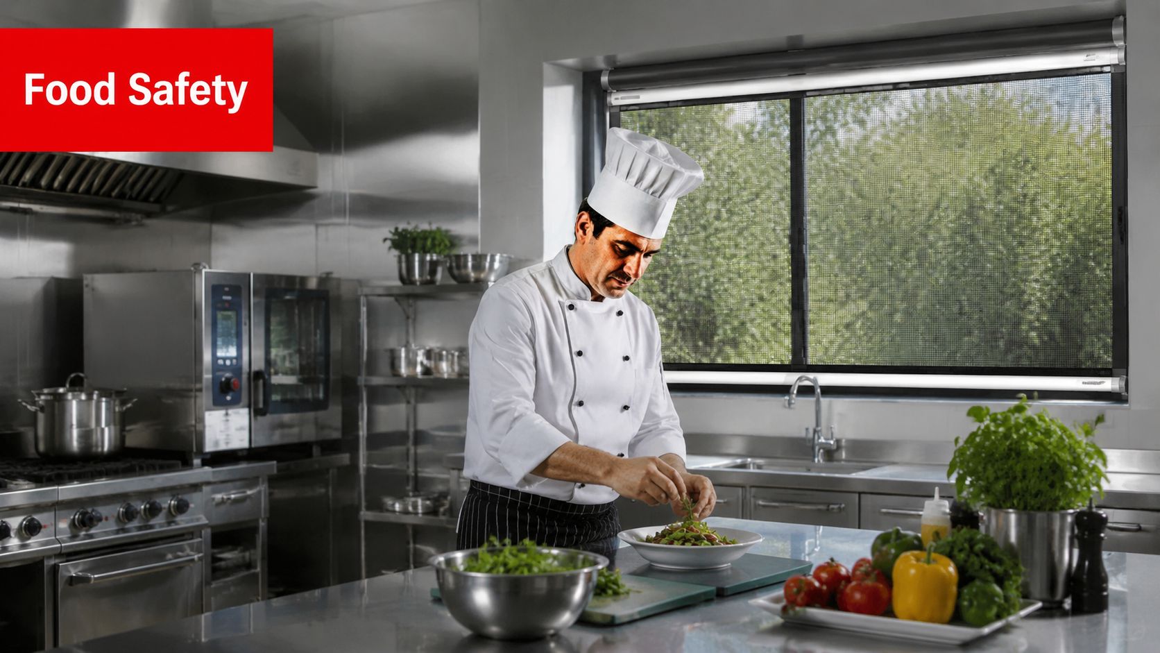 Insect Screens A professional chef preparing a salad in a clean, modern restaurant kitchen with retractable window fly screens.