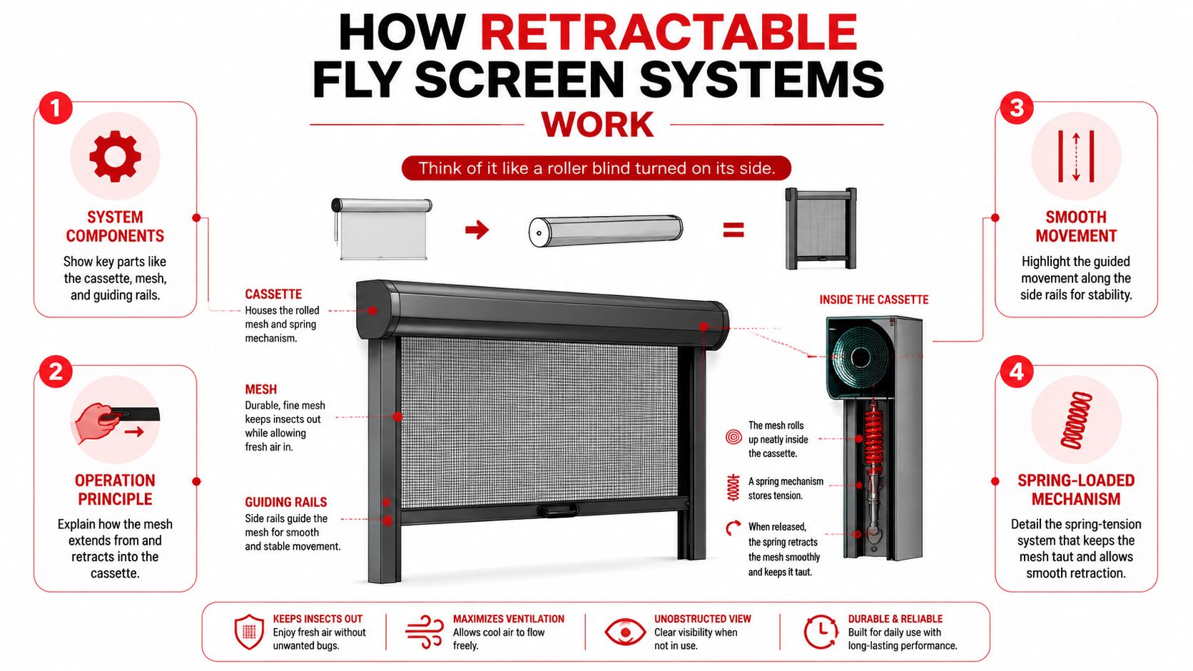 Insect Screens An infographic showing the components and operating principles of a retractable fly screen system for home ventilation.